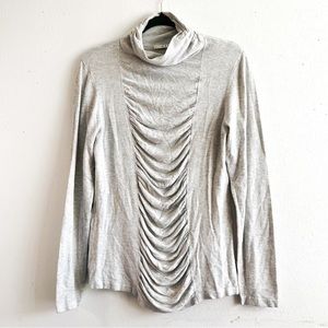 OST Top Grey Mock Neck Long Sleeve Ruched Front Blouse Sz L EUC Lightweight Knit